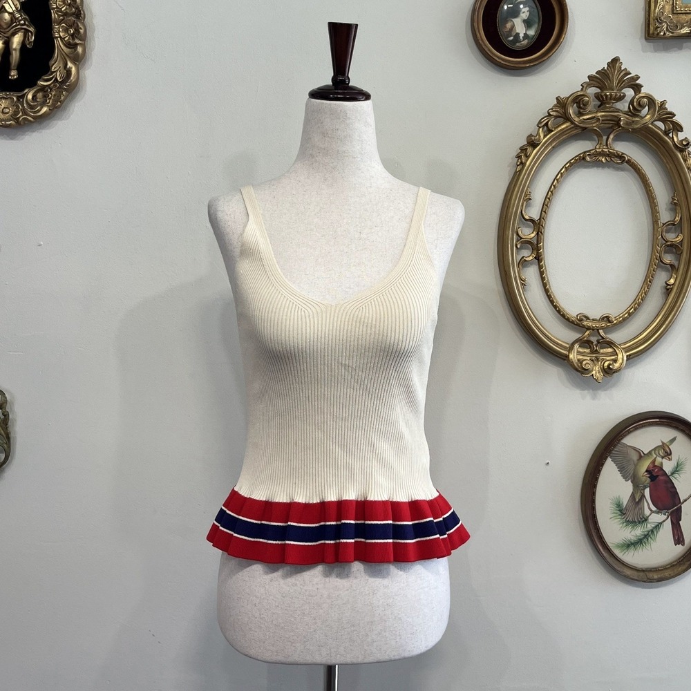 Sandro Ribbed Knit Tank Top Red Navy Striped Ruffle Hem Cream‎ Small